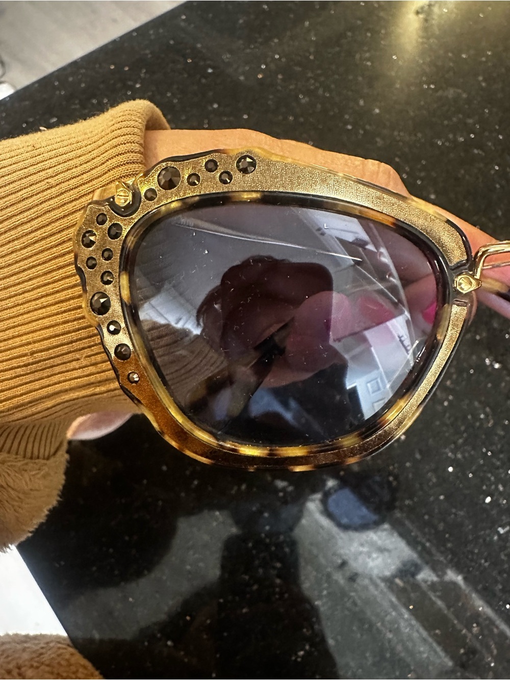 Miu Miu Gold Tortoiseshell Frame Sunglasses with Purple Lenses - Picture 6 of 6